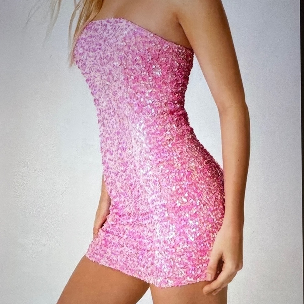 Nasty Gal Pink Strapless Sequin Velvet Mini Party Event Shimmer Dress Sz 8